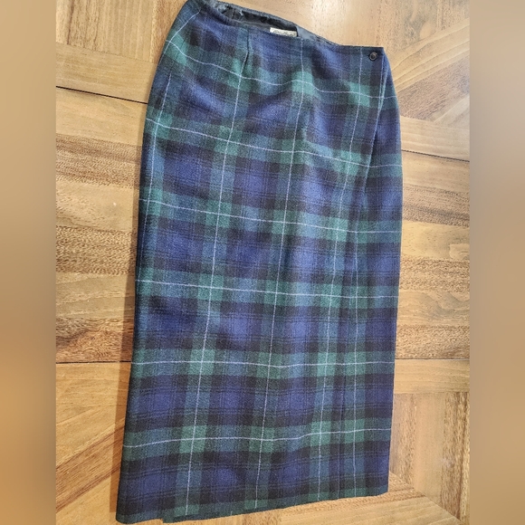 Eddie Bauer Wool Blend Plaid Skirt Sz 12 Green Blue Lined Button Waist Vintage - Picture 1 of 9